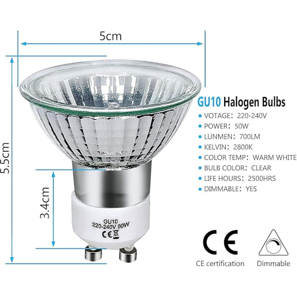 Gu10 Halogenpære 50w Dæmpbar, 220v Gu10 Halogen Spotpære 2 Pin, 2800k Varm Hvidt Lys, 700 Lumen [DB]