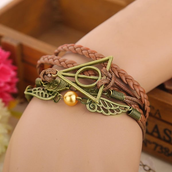 Armbånd Harry P-otter Deathly Hallows Faux Læder Flettet Legering Multilayer Flettet Armring Smykker DB