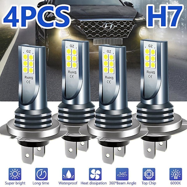 4 st H7 LED-lampor, Starkare 110W LED-Dimljuslampor, 6000K Kallt Vit H7 LED-lampset [DB]