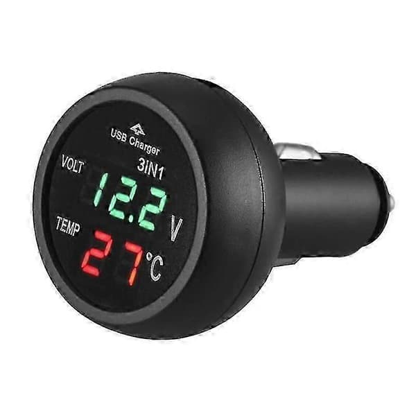3-i-1 12/24V Bil Auto LED Digital Voltmeter Mätare Termometer USB Laddare [DB]