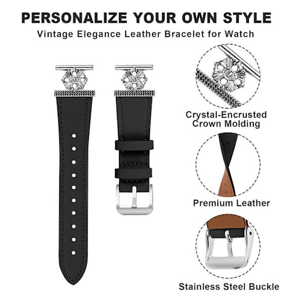 Til Garmin Vivomove Luxe/ Garminmove Luxe Urrem Ægte Koskind Læder Blomsterdekoration Justerbar Rem [db] Black