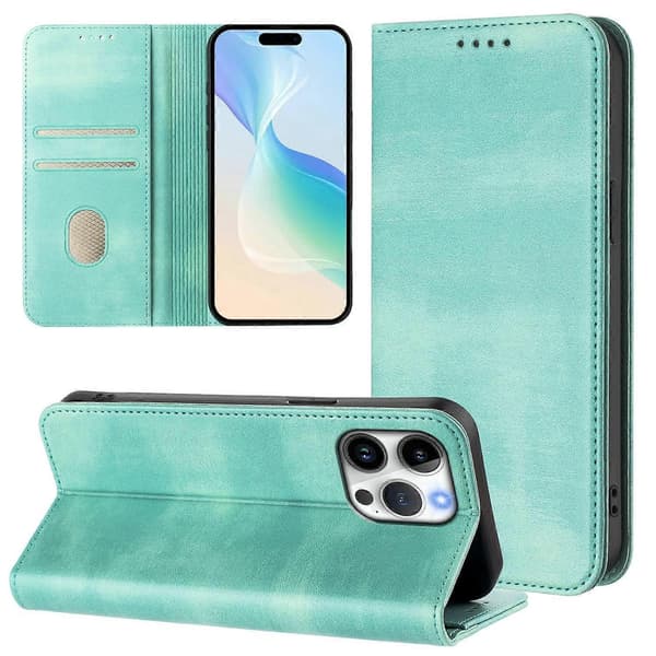 Retro tekstur RFID-blokerende læder telefoncover til iPhone 16 Pro Max Wallet Cases [DB] Multicolor Mint Green