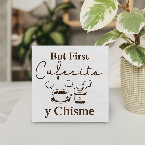 Cafecito Y Chisme trälåda skylt för kaffebar och köksinredning