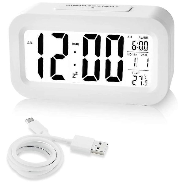 Genopladelige Vækkeure, Digitale Vækkeure Sengelampe Netdrevet Med Smart Lyssensor, 12/24 timer Dato Hvid [DB]