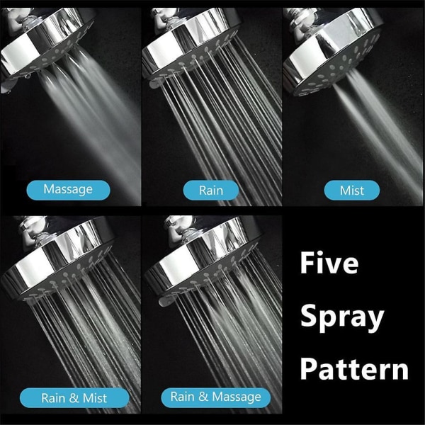 Dusjhode Høytrykk 4 Tommer 5-innstillings Justerbar Dusjhode Toppspray  [dB} Silver