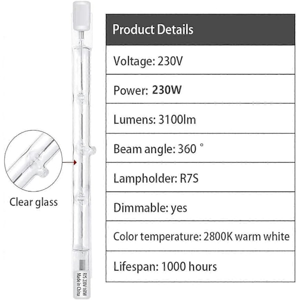 R7S 118mm 300W Halogenpære Blyantpære Dimbar J118 Lineær Halogen Spotlight for Landskapsbelysning, Sikkerhet, 5-pakning db