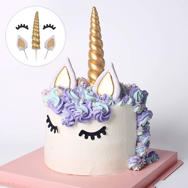 Rl Unicorn Cake Topper, Handgjord Guld Unicorn Cake Dekoration Återanvändbart Enhörningshorn, öron och ögonfransar för födelsedag, baby shower och bröllopstårta