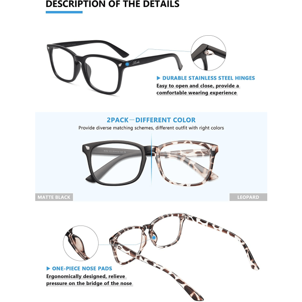 2 briller som blokkerer blått lys (svart + leopardmønster)