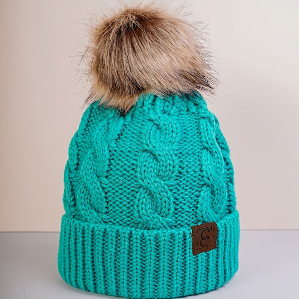 Vinter Oversized Ensfarget Kabelstrikket Pom Pom Beanie, Valentinsgave til henne db Bright Red One Size Fits All