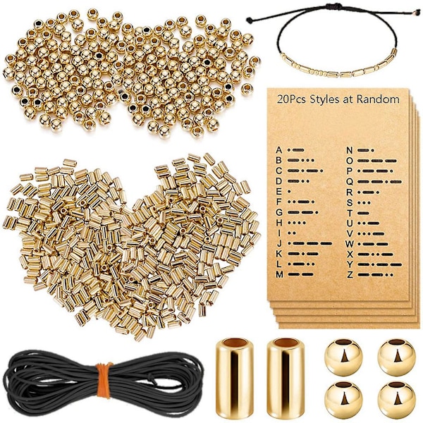 DIY Morse Kode Armbåndsfremstillingskit 400 Runde Afstandsperler 400 Lange Rørperler [DB] Gold-color