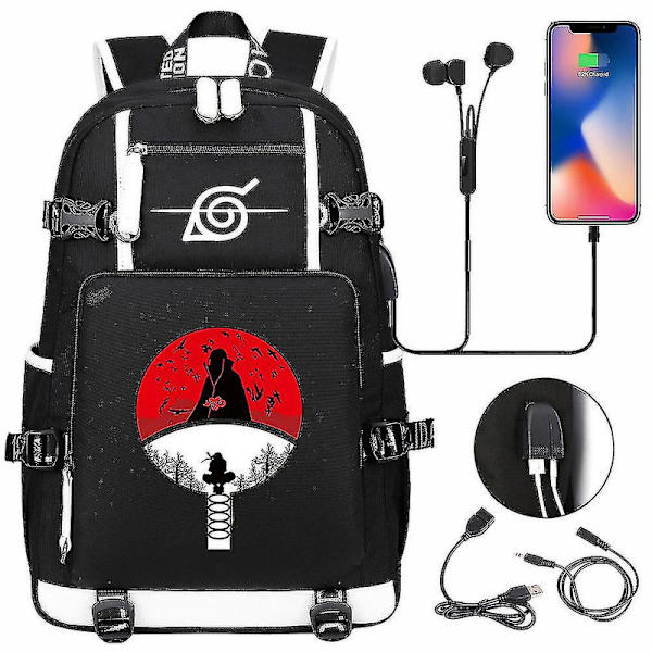 Anime Naruto Akatsuki Itachi Sharingan reppu USB-latauksella, lukiolaisille, koululaukut, tilavuus, matkalaukku, kannettavan tietokoneen olkalaukut DB White