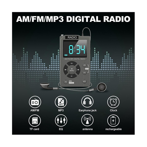 Bärbar miniradioficka Am Fm Digital Radio Stereomottagare Autosök kanal Tf-kort Mp3 Musi