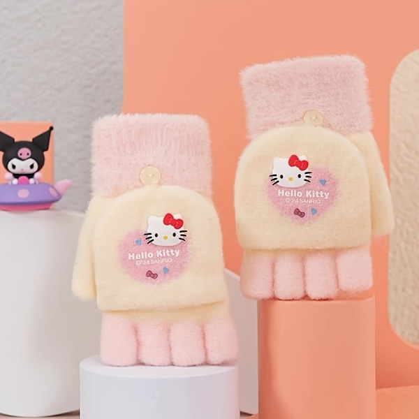 1 Par Sanrio Hello Kitty Kuromi Melody Vinterstrikede Halvfingerhandsker Udendørs Koldbeskyttelse Og Varme Søde Handsker Velegnet Kuromi