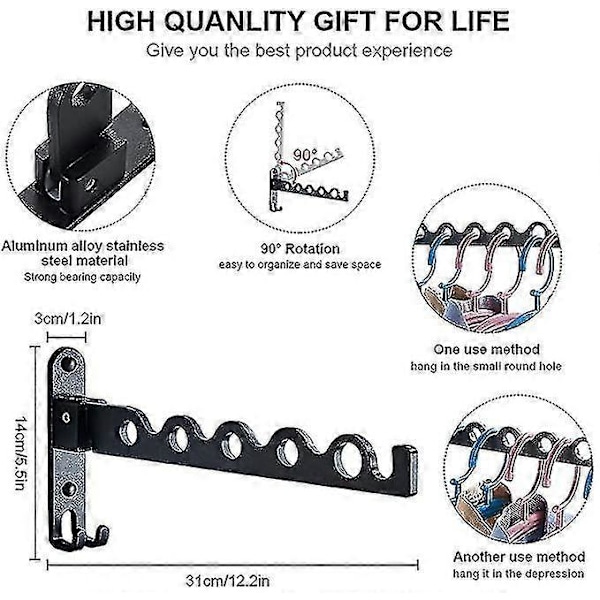 Vægmonteret Tøjstativ, Foldbart Tørrestativ Krog Hanger (sort, 1) Jiujiuso [DB]