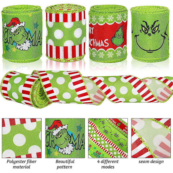 Grinch Julebånd - 4,5 m 2,5 tommer Julegave Grinchs Innpakningsbånd, Pynt til Juletre Krans Sløyfer BD Set of 4