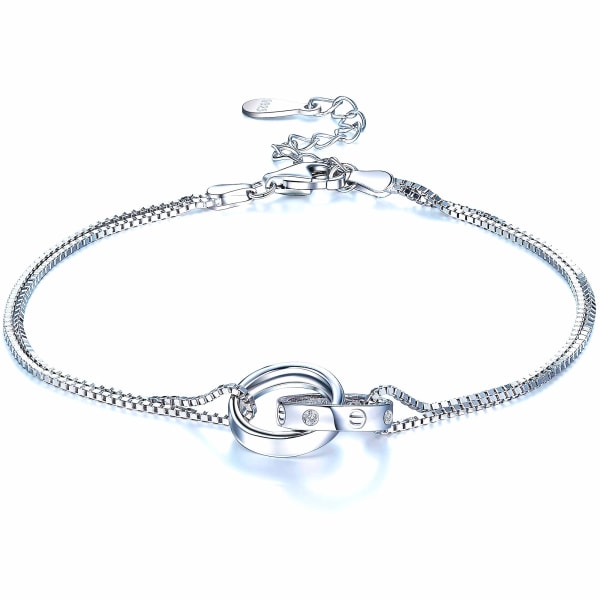 Dobbel kjede sirkelarmbånd 925 sterling sølv Charm Infinity armbånd for kvinner Jubileum Bursdag