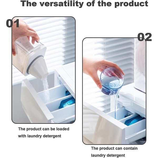 Dispenser for flytende vaskemiddel med målebeger til vaskerom