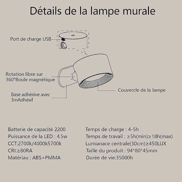 Indendørs væglampe, dæmpbar batteridrevet væglampe med USB-opladningsport, indendørs LED-væglampe, berøringsstyring, 360 graders rotation {Db}