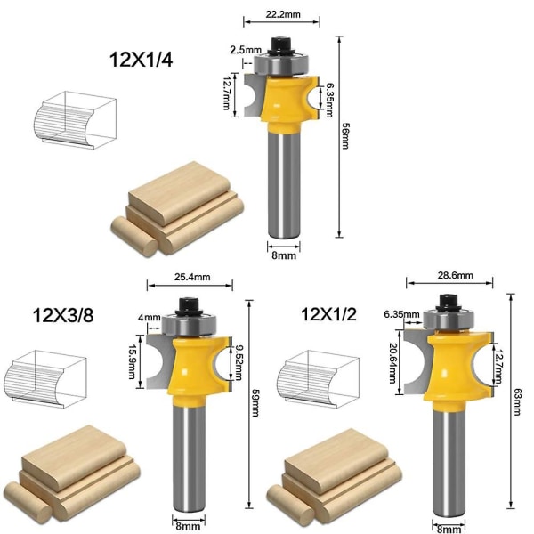 5 stk. 8 mm halvrund skaft bullnose fræserbit til træbearbejdning, fræser med radius 3/8\", 5/16\", 1/4\", 3/16\", 1/8, værktøj til træbearbejdning