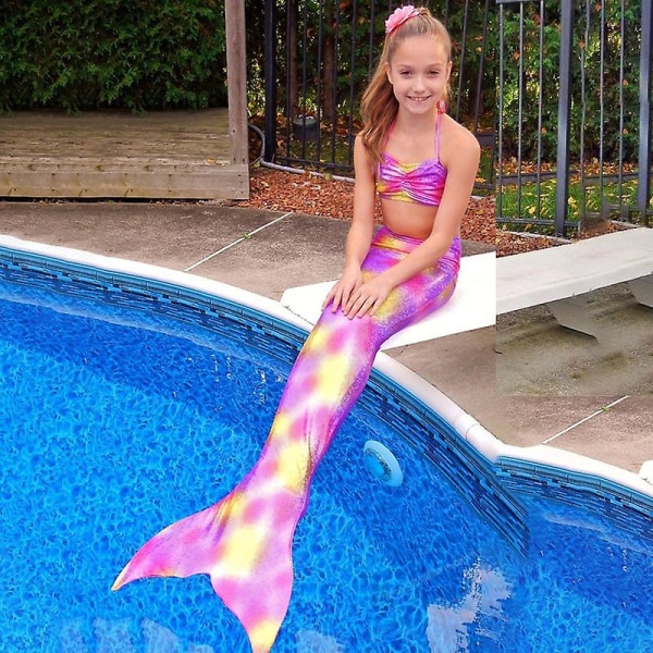 Kids Girl Mermaid Tail Bikini Sett Beachwear Svømmebadetøy Badedrakt, Lilla Gul