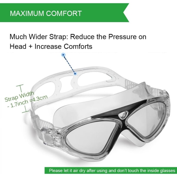 Svømmebriller, anti-tåke Ingen lekkasje Clear Vision Anti-skli Lett justerbar komfort (svart)