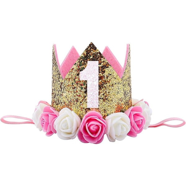 1. bursdagsfest Lue Pannebånd Glitter Crown Hodeplagg Blomst Elastisk Hårbånd For Baby
