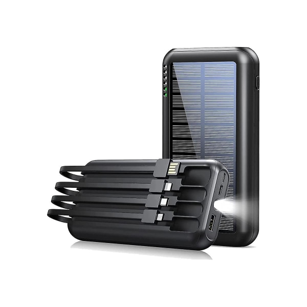 Bærbar solcellelader, 20000 mAh Powerbank indbygget output og input kabler hurtig opladning til Smart