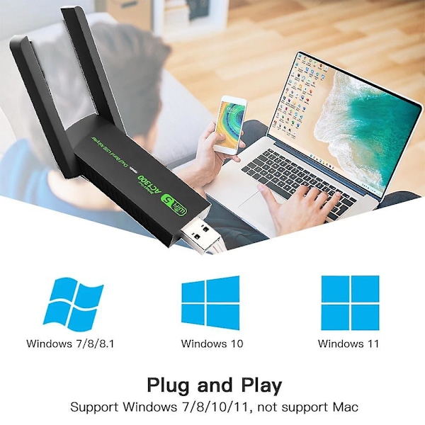 Ilmainen ajuri 1300Mbps USB 3.0 Wifi-sovitin WiFi 5 AC1300 Wi-Fi Dongle -vastaanotin 2.4G 5G Dual Band langaton verkkokortti RTL8812 antennilla PC:lle [DB]