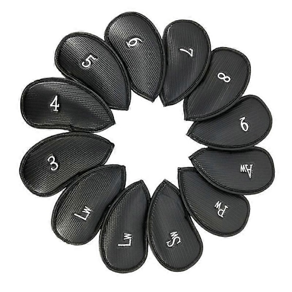 12 st Golfjärnsöverdrag i PU-läder med broderi - Golfklubbshattöverdrag - Golftillbehör - Klubböverdrag DB Black