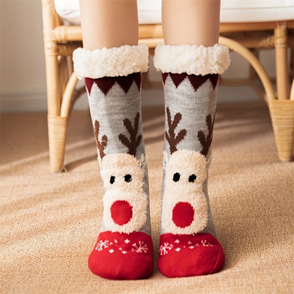Julklappssockor med älgmönster, Tjocka Varma Plushfodrade Hemsockor, Damstrumpor & Strumpbyxor db Red - 1 Pair One-size