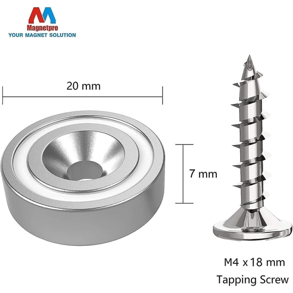 6 kappaletta neodyymimagneettia 10 kg:n vetovoimalla 20 x 7 mm reiällä ja kapselilla, upotettu pottimagneetti ruuveilla ja 6 terästuella