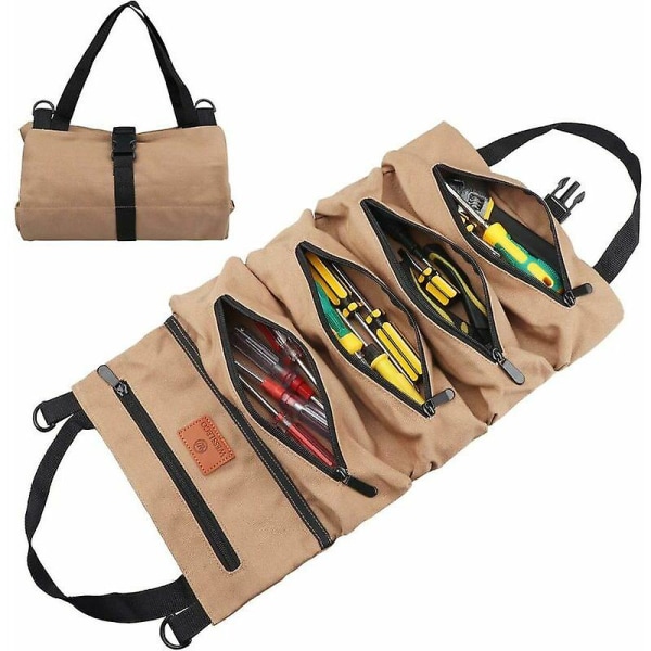 Roll Up Verktøyveske med 5 glidelåslommer Canvas Multi-purpose Tool Bag for elektriker, Hvac, rørlegger, snekker eller mekaniker (khaki)