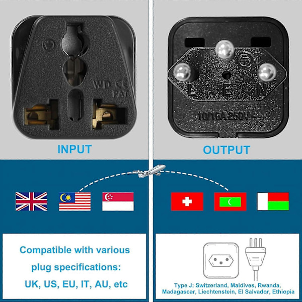 3 kpl UK - Sveitsi pistokesovittimia, Sveitsin pistokesovitin, Sveitsin matkasovitin 3-nastainen maadoitettu kansainvälinen yleismallinen Swis [db] Black White