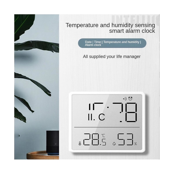 Digitalt Hygrometer Termometer Med Klokke Fuktighetsmonitor Timer Alarm Kontor Babyrom Hvit