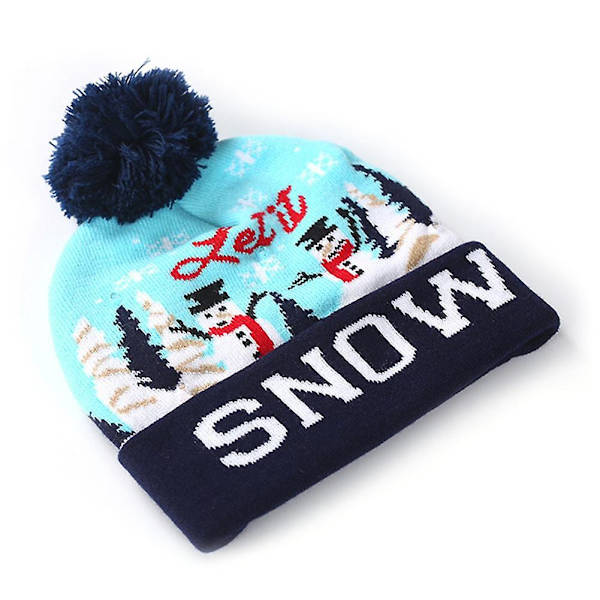 Jultomte, älg och snögubbe LED-ljus stickad mössa med tryck [DB] SNOW**