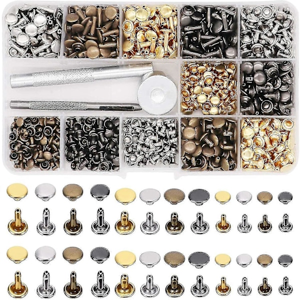 480 Sarjaa Nahkaniittejä, 3 Kokoa 4 Väriä Kaksinkertaiset Niitit Putkimaiset Metallinastat Asetustyökaluilla [DB]