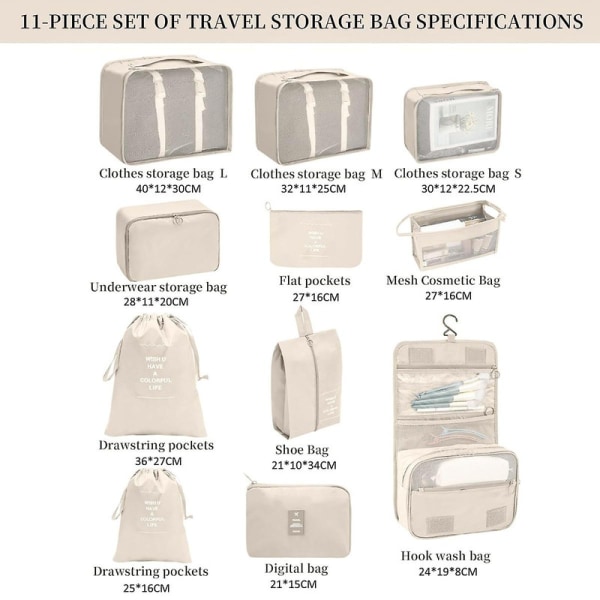 11 stk. Reisepakkeorganisatorer Reisepakkekuber til koffertsett Bagasjeorganisatorer for koffert Lett reiseveske Essential Bag DB Beige
