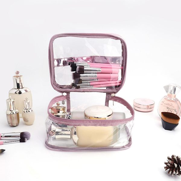 Transparent PVC Makeup Taske Bærbar Vandtæt Toilettaske Stor Kapacitet Lynlås Kosmetik Taske DB Rose Pink Double Layer