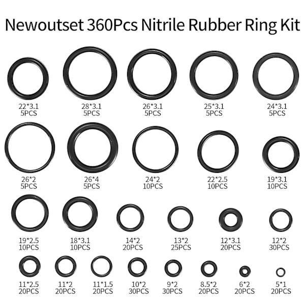 360 stk gummi O-ring skivepakninger tetningspakning sortiment sett rørlegger avstandsstykke pakning skiver tetning O-ring - 24 størrelser
