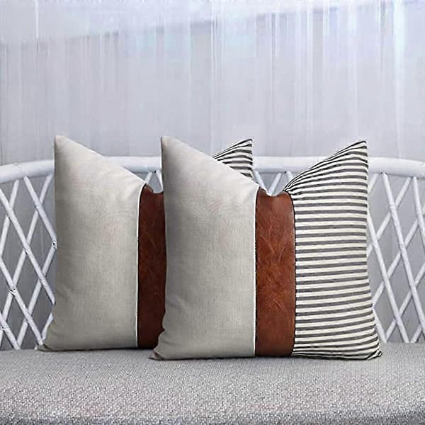Sæt med 2 bondegårdsindretning stribet patchwork linned pudebetræk