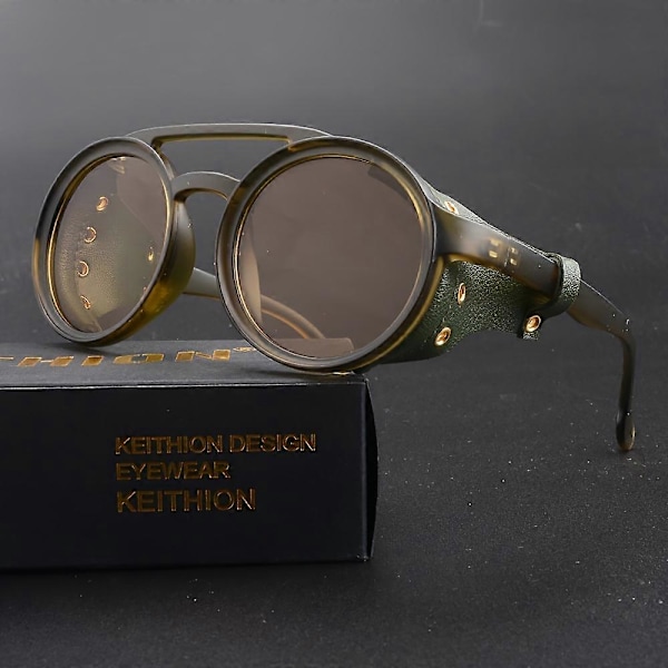 KEITHION Glacier Tuulenpitävät Vuorikiipeily Steampunk-tyyliset Pyöreät Vintage Aurinkolasit, Retro Silmälasit Miehille Naisille Nahkaisilla Sivusuojilla, C [db] Brown