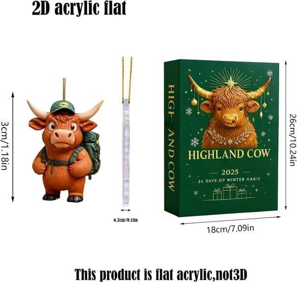 Julekalender Ko-pynt - 2D Akryl Julepynt Dekoration | 24 Dages Nedtællingskalender Ko-pynt Julekalender - til Julekalender