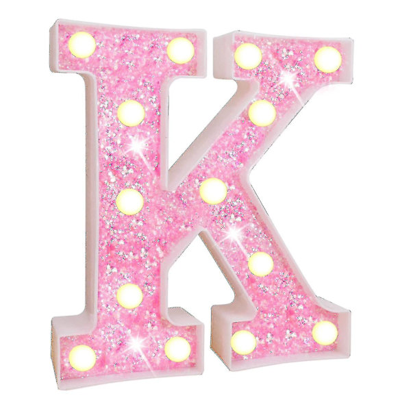 LED-bogstavlys med glitter, glitrende alfabet-skilt med ophængningshul, nattelys, fest, bryllup, boligindretning, LED-lys [DB] K