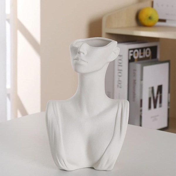 19 cm kvinnelig kropp vase keramisk kroppskunst vase moderne ansikt vase hode vase menneskelig skulptur vase blomsterholder for hjemmekontor borddekor, hvit