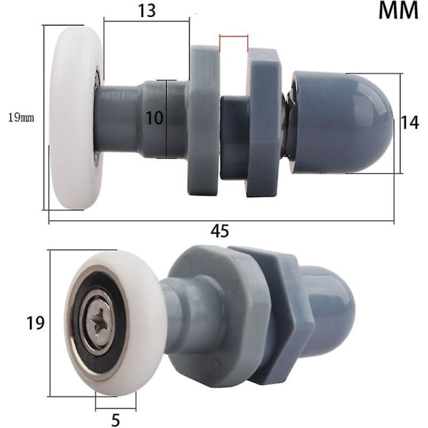 Rullhjul för duschdörr, 19 mm duschhjul, rullar för skjutdörrar, lämpliga för glasdörrar med en tjocklek på cirka 4-6 mm