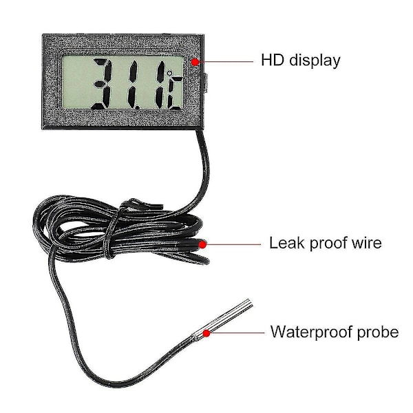 2-5m Mini Termometer Temperatur LCD-display Digital m/ Probe Sort-kabel Værktøj [DB] 2M