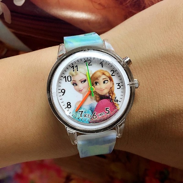 Kids Girls Cartoon Elsa Anna Watch Luminous Led Flashing Silicone Belt Watches [DB]