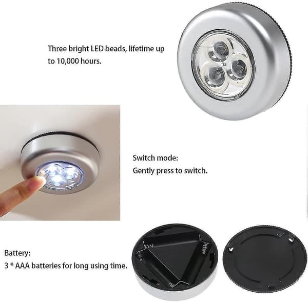 3 LED-lampor på batterier - Tryck för att tända - Vit ljus (6 st) db