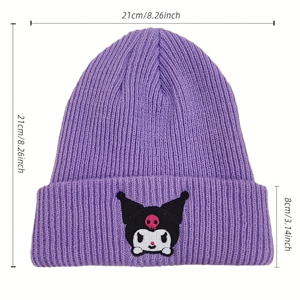 Sanrio Kuromi & Melody Broderte Beanie - Koselig Bomullsblend Strikket Lue, Elastisk Tegneserie-inspirert Skallehette for Kvinner Purple Kulomi