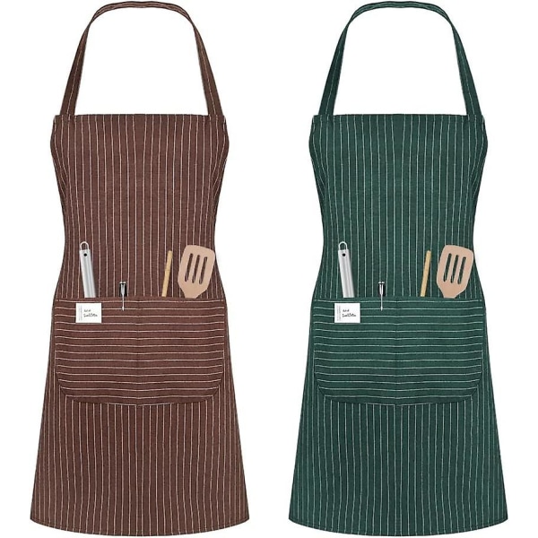Unisex justerbart haklappsförkläde, 2 st förkläde med 2 fickor Matlagningskök Kockförkläden för hemkök, restaurang, (brun/grön)